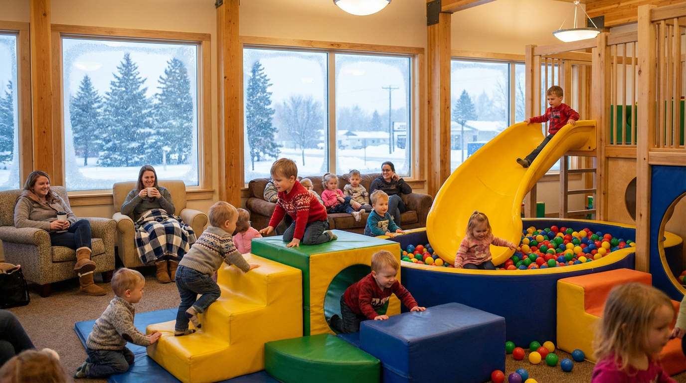 Kids playing on soft foam equipment and ball pit inside a warm indoor playground