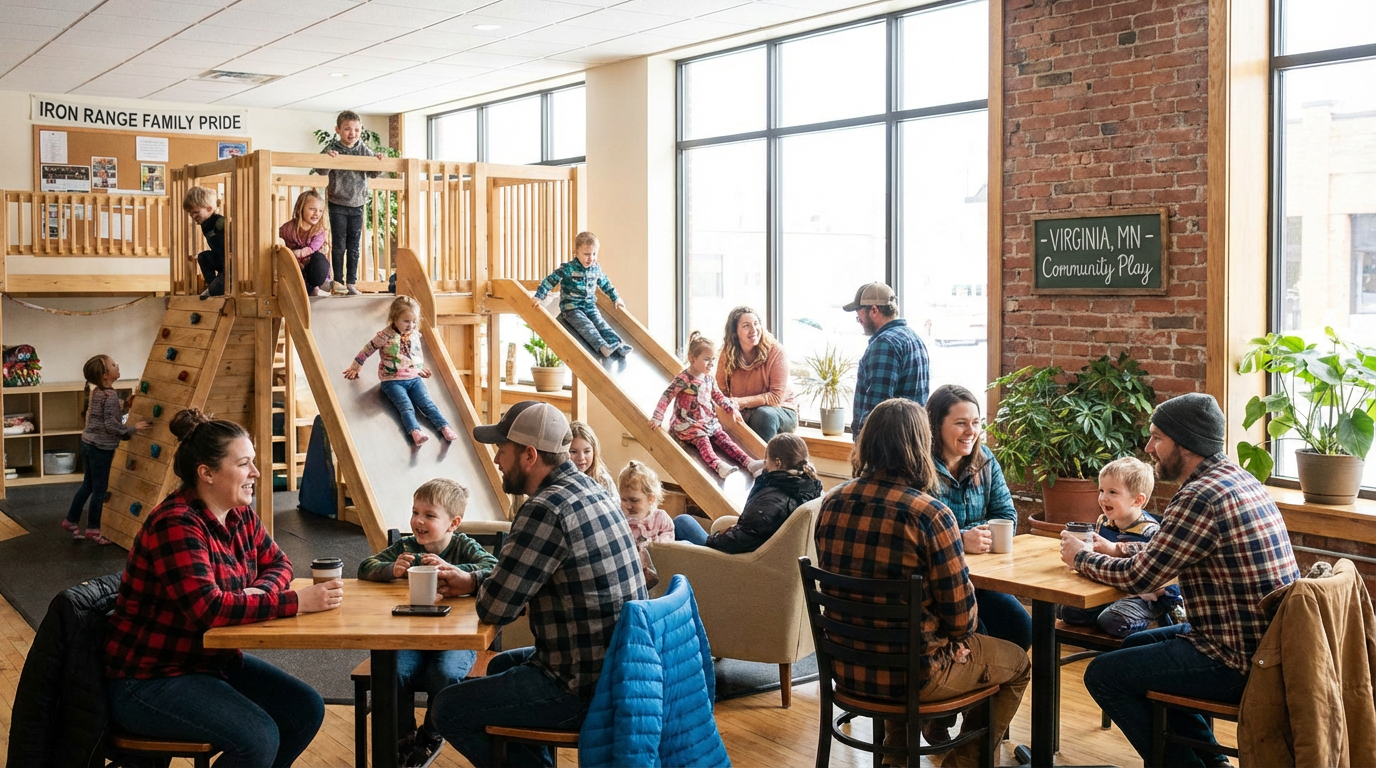 Families enjoying coffee while children play on wooden slides and climbing structures