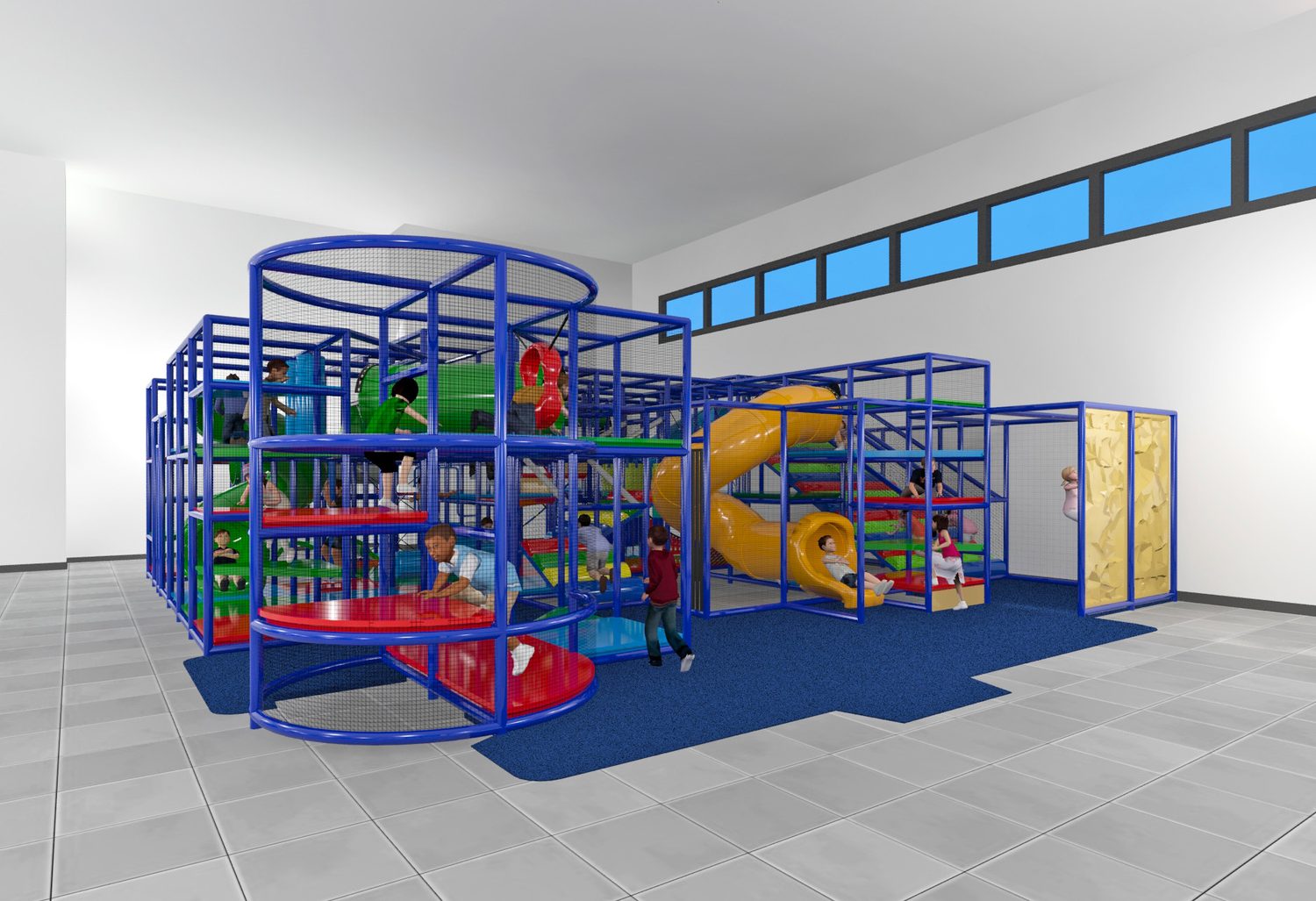 Rendering of the open play floor with a spiral slide and tube climber, kids moving through the space